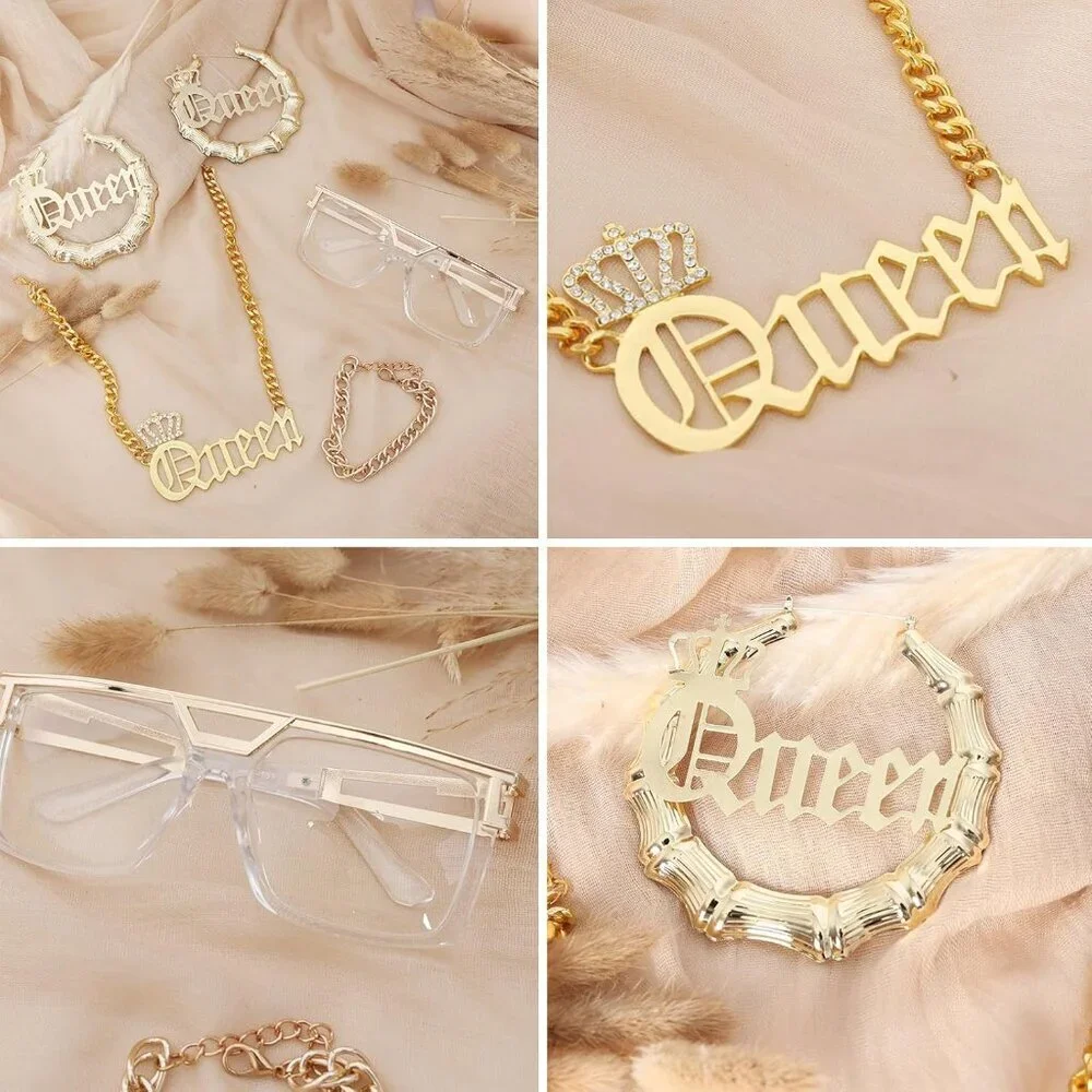 80s 90s Hip Hop Costume Kit Jewelry Accessories Set Necklace Earrings